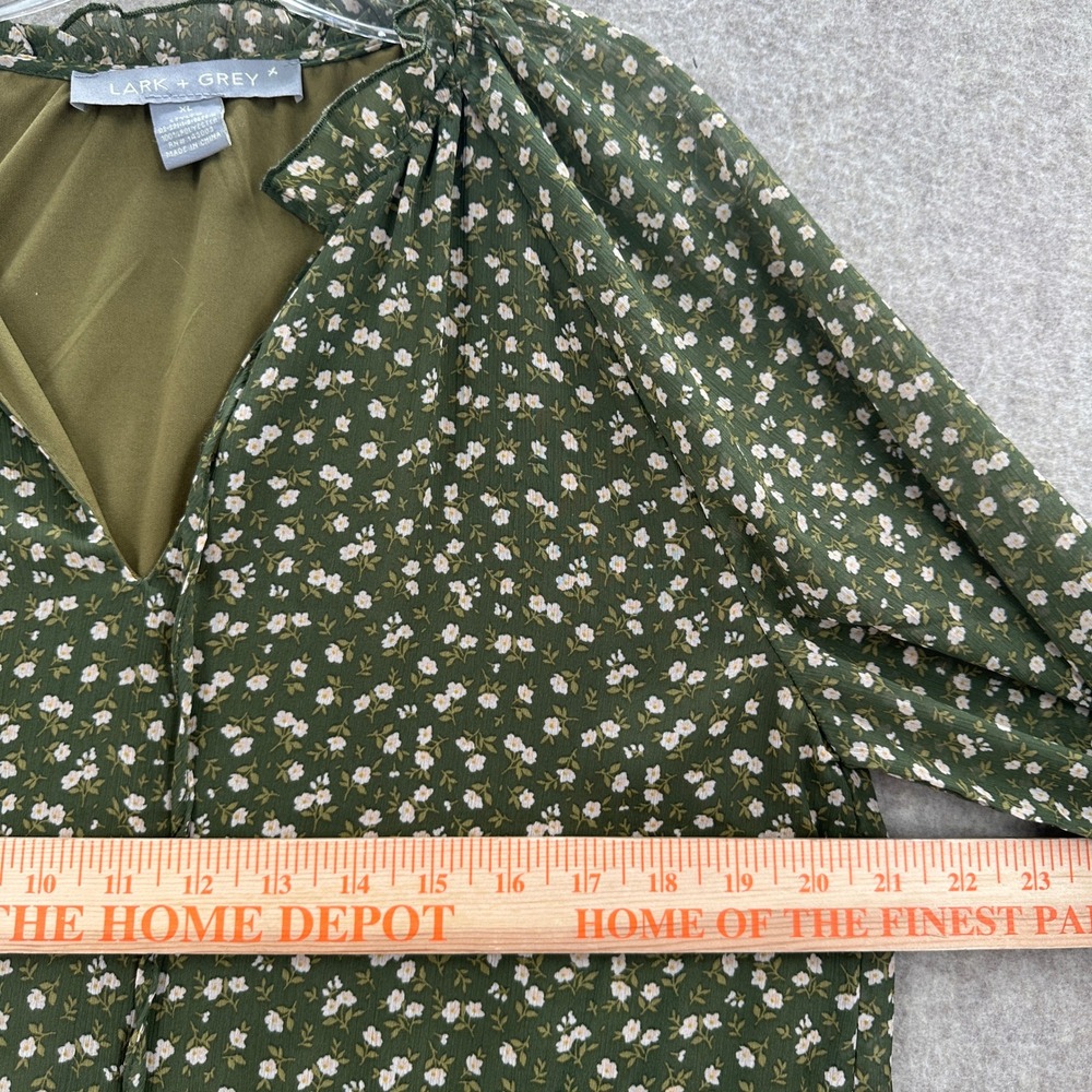Lark + Grey Olive Green Floral Chiffon Tiered Cottagecore Dress XL Ruffle - Picture 7 of 8